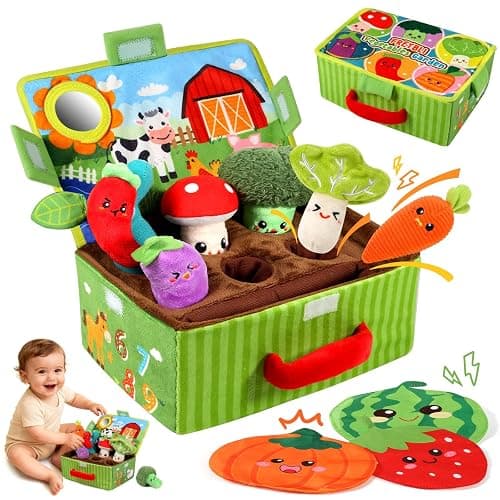 FREYBLI Baby Toys 6-12 Months - Soft Fruits Vegetable Garden Plant Plush Toy - 6 Month Old Baby Toys Boy Girl Gifts - Baby Sensory Montessori Toys with Rattles Mirror Squeaker Textures Crinkle Tissues - Image 1