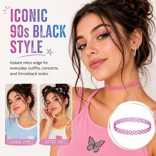 Fanveronica 12PC Tattoo Choker Necklace - 90s Accessories 2000s Jewelry Y2K Fashion Vintage Trendy Black thumbnail 2