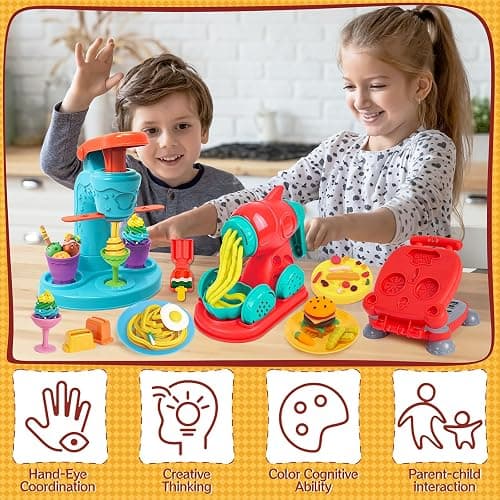 ZYYBQW 3 in 1 Color Dough Sets for Kids Ages 3-4-8, Dough Tools Accessories Kit, Ice Cream Playset Noodle Hamburger Maker, Pretend Play Kitchen Creations Food Toys Arts Crafts for Toddlers Girls Boys thumbnail 7