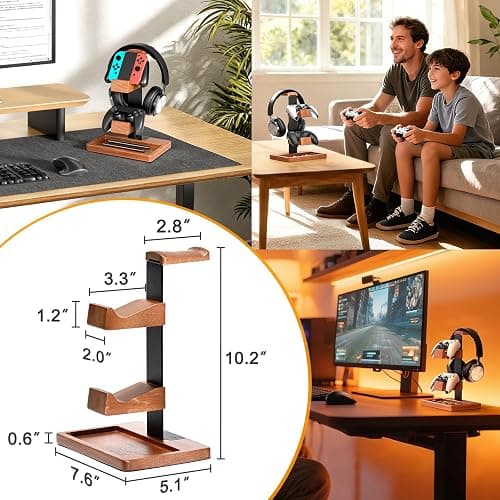 HUMANCOZY Solid Wood Controller Holder and Headphone Stand, Gaming Controller Stand for Desk, Dual Controller Organizer Rack, Fits Xbox, PS4, PS5, Gamepad, Headset Holder for Son, Husband, Boyfriend thumbnail 7