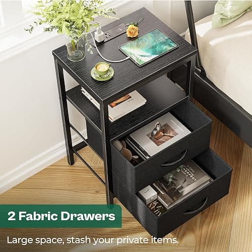 Huuger Nightstand with Charging Station, Side Table with 2 Fabric Drawers, End Table with Open Shelf, Bedside Table with USB-C Port and Outlets, Night Stand for Bedroom, Black thumbnail 5