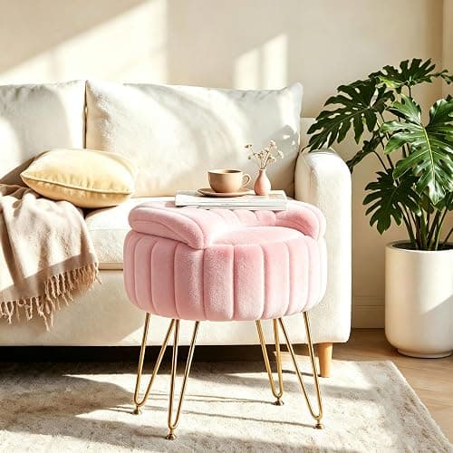 Garvee Vanity Stool Chair with Storage and Folding Back,Faux Fur,Pink,Small | Soft Ottoman,Modern Chairs for Makeup,Vanity Bench,Metal Legs,Adjustable Feet,for Living Room,Bedroom,Makeup Room thumbnail 5