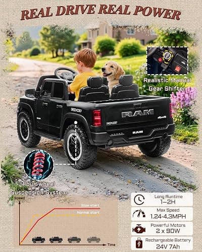 24V Ride on Toys for Big Kids, Licensed RAM 1500 RHO Electric Car for Kids w/Remote Control, Ride on Truck w/Bluetooth, LED Lights, Truck Bed Storage, Gear Shifter & Soft Start (Black) thumbnail 7