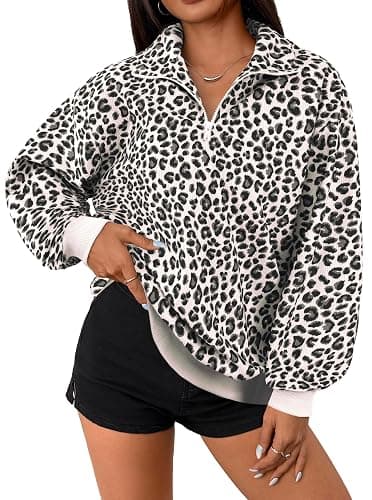 Hilinker Womens Cheetah Print Oversized Sweatshirt Half Zip Pullover Corduroy Long Sleeve Tops - Image 1