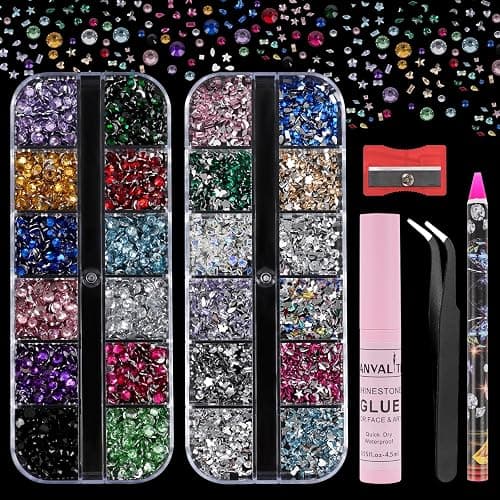 Canvalite 7000Pcs Flat Back Rhinestones Kit – Colorful Face Gems & Nail Art Rhinestones with Multi Shape Crystal Gems (Heart Star), Quick Dry Makeup Glue, Wax Pen, Tweezers for Face Nail Craft thumbnail 2