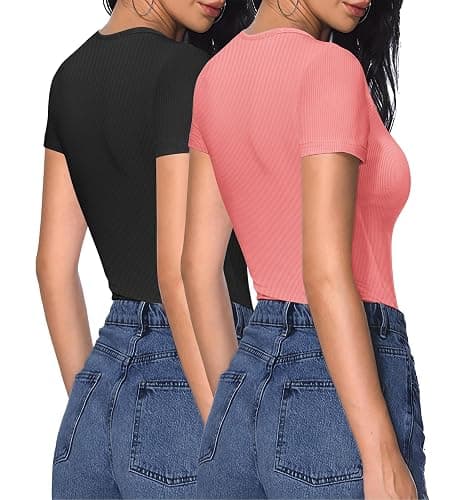 HOTOUCH Women Deep V Neck Tops Slim Fit Summer Short Sleeve T Shirts | Ribbed Knit Stretchy Material, Sexy Low Cut Basic Tee, Going Out Trendy Outfits, Fashion Clothing thumbnail 2