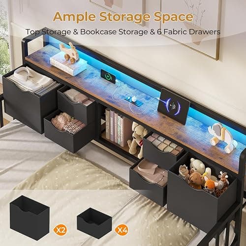 ADORNEVE Daybed with Trundle, Twin Day Bed with Storage Headboard & Charging Station, Height Adjustable Metal Trundle Bed Twin, Sofa Bed Frame for Living Room, Bedroom and Guest Room, Black thumbnail 5