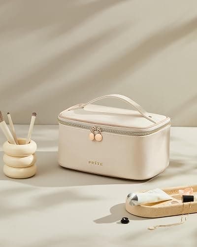 Prite Makeup Bag Portable Cosmetic Organizer with Brush Holder Waterproof Travel Toiletry Bag for Women with Handle and Divider (Beige) thumbnail 2