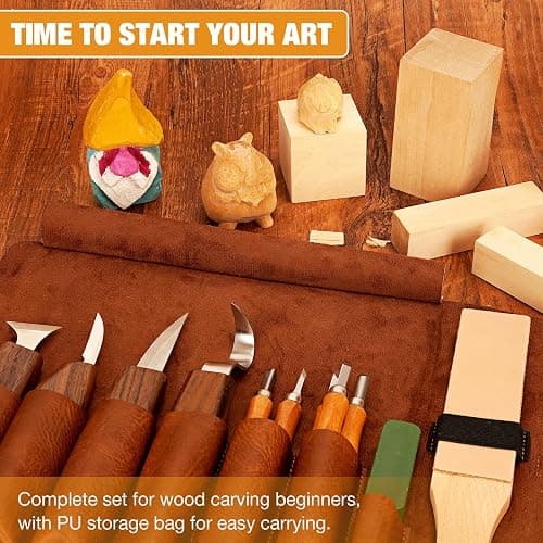 Wood Carving Kit, 24Pcs Wood Carving Tools with PU Storage Bag, Wood Whittling Knife Kit with 4pcs Templates & 6pcs Basswood Blocks for DIY Beginners thumbnail 2