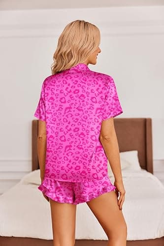 Ekouaer Womens Satin Pajamas Set Button Down 2 Piece Silk Pjs Shorts Set Ruffle Lingerie Notch Collar Sleepwear | 2 Piece Satin Pjs Shorts Set, Ruffle, Notch Collar, for Sleep,Lounge,Wedding,Bridal Party thumbnail 5