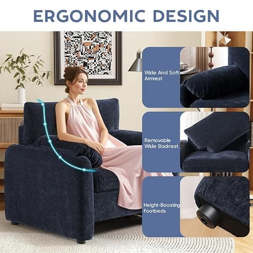 HUSFU Chenille Oversized Armchair, 38.4" Wide Accent Chairs for Living Room & Bedroom, Upholstered Mid-Century Reading Chair, Comfy Living Room Chair, Single Sofa Chair Set of 2, Blue - 2 - Blue thumbnail 4
