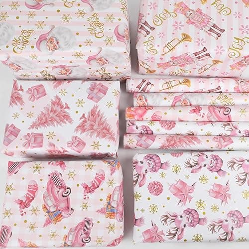 KIMOBER 5 Rolls Christmas Wrapping Paper,Pink Paper with Retro Xmas Elements and Cut Lines on Reverse(17in × 118in Per Roll,Pink Style) thumbnail 6