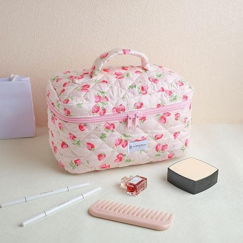 MIROSIE Handmade Makeup Bag, Zipped Skincare Organizer,Strawberry Travel Cosmetic Bag,Large Capacity Beauty Purse for Women Girls, Pink thumbnail 4