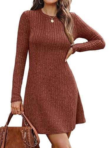 OFEEFAN Fall Dresses for Women 2025 Long Sleeve Crew Neck Sweater Dress - Image 1