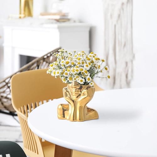 Gold Ceramic Human Face Decorative Vase - Shy Posture Modern Art Desktop Display for Bookshelf, Living Room, Office, Bedroom thumbnail 5