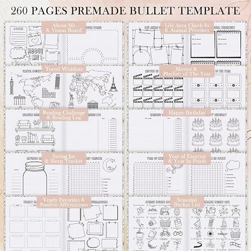 Everloria Premade Dotted Journal Notebook, 12 Months Pre-made Bullet Templates, 260 Hand-Drawn Coloring Pages, Undated Weekly & Monthly Planner, 7.8"x9.3" Leather Dot Grid Habit Mood Tracker thumbnail 4