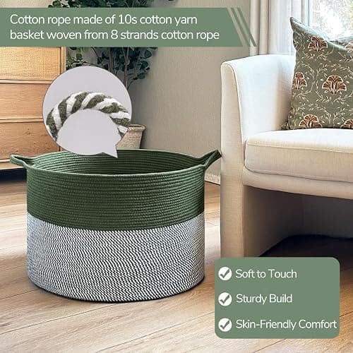 INDRSSME Large Laundry Storage Basket, 21.7 x13. 8 - Decorative Rope Blanket Basket for Organizing Bedroom, Living Room, Nursery, Toy Storage for Colthes Towel, Empty Gift Baskets -Green thumbnail 3