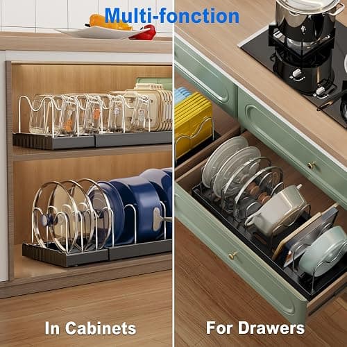 Mustorn 2 Pack Pots and Pans Organizer under Cabinet, 22" Expandable Food Storage Container Lid Organizer with 9 Adjustable Stainless Steel Dividers, ABS Base, Countertop Rack, Black thumbnail 3