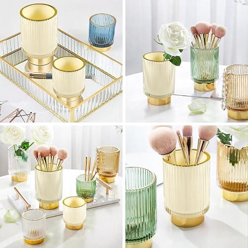 DASITON Makeup Brush holder Organizer,Crystal Cosmetic Makeup Brush Glass Brushes Storage Holder, Vintage Make Up Brush Cup Pen Pencil Holder striped vase(Cream S+L) thumbnail 5