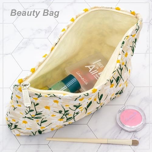 Makeup Bags for Purse Zipper Cosmetic Pouch Large Travel Canvas Make Up Organizer Tool Pouch for Women and Girls,Daisy White thumbnail 5