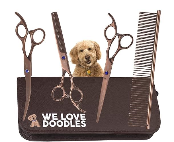 Dog Grooming Scissors Kit - Best Tools for Goldendoodles, Poodles & Doodles - Straight, Curved & Thinning Shears - Golden Doodle Grooming Kit - Professional Grade Steel, 4 Pc Set [We Love Doodles] - Image 1