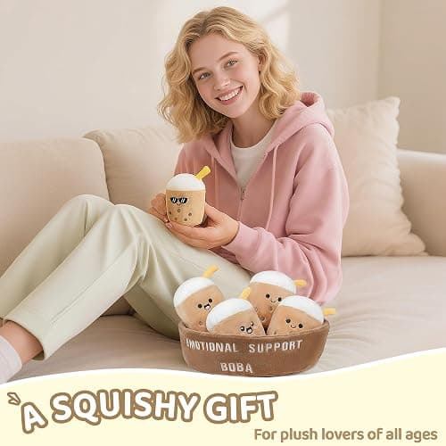 ZENLIV Emotional Support Boba Plush, 5 Cute Squishy Toys Stuffed Animal with Carrying Basket, Funny Cute Cuddly for Boba Lovers Adults, Inspirational Motivational Encouragement Gifts for Women Men thumbnail 7