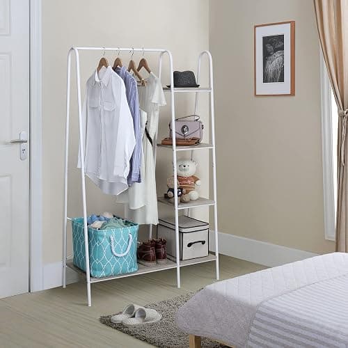 Finnhomy Metal Clothes Closet Rack, Clothing Rack for Hanging Clothes White Heavy Duty Garment Rack with 5 Wood Shelves Freestanding Portable Closet Organizer for Bedroom/Entryway/Boutiques thumbnail 5