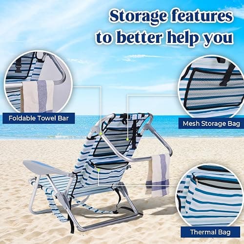 Canpsky 2 Pack Lightweight Portable Camping Beach Chair for Adults, Outdoor Lay Flat Folding Beach Chairs with 5 Positions, Backpack Beach Chair with Towel Bar, Zipper Pouch, Cup Holder, White Striped thumbnail 5