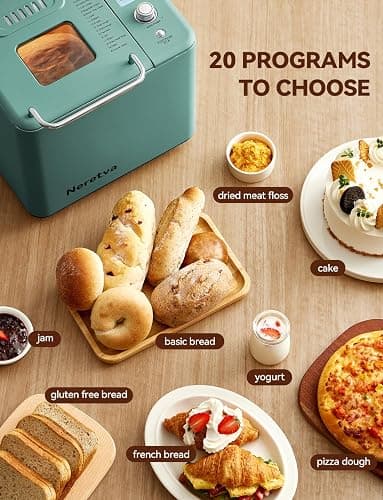 Neretva Bread Maker, 20-IN-1 2LB Bread Machine Dual Heater Bread Maker Machine Automatic with Nonstick Ceramic Pan, 15H Timer & 1H Keep Warm Set, Low Noise, Stainless Steel Breadmaker Recipe-Green thumbnail 3