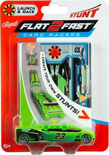 FLAT 2 FAST Original Stunt Card Racer – Flat Car Racer and Pocket Size Racecar Launcher with Built-in Button for Stunt Launching and Racing – Compact – Neon Green thumbnail 4