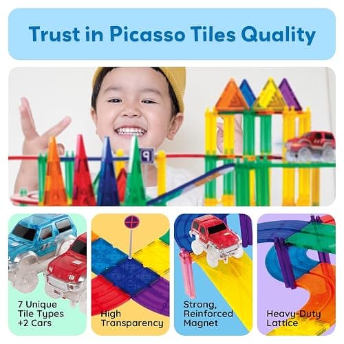 PicassoTiles 100 PCs Race Car Track Set Magnetic Toy Building Block with 2 LED Cars with Height Adjustable Roads Signs Education STEM Building Kit Learning Construction Fun for Boys & Girls Ages 3+ thumbnail 6