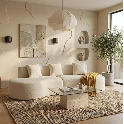 IKAYAA Curved Sofas for Living Room, Modern Boneless Curved Couch Half Moon, No Assembly Couch, White Couch, Round Couch, 4 Seat Curved Sectional Sofa, No Assembly Required, Cream White - Image 1