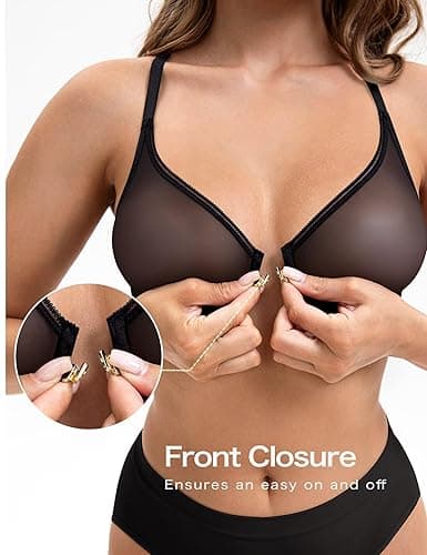 Deyllo Women's Front Closure Sexy See-Through Underwire Bra Sheer Unlined Racerback Bra for Everyday - 32B - Black thumbnail 4