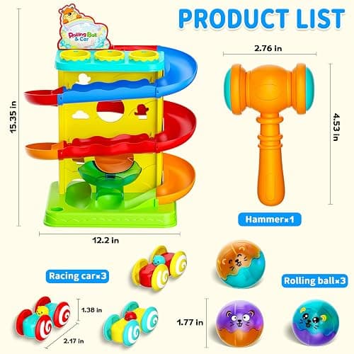 Funwee 2-in-1 Rolling Ball & Racing Car Ramp Toy for Toddlers, Race Track Hammer Lights Ball Drop, Interactive Montessori Learning Game Birthday Gift Idea for Kids 1 2 3 4 5+Year Old Girl Boy(Yellow) thumbnail 2