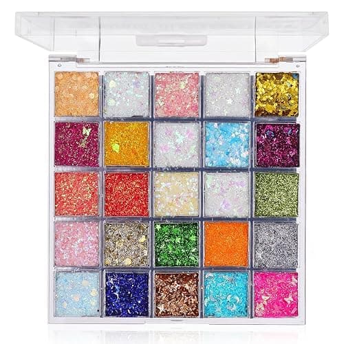 Palette de Maquillage 25 Couleurs Paillettes Visage Iridescentes, Gel Paillettes Corps et Visage Résistant à l'Eau pour Carnaval Festival Soirée, Maquillage pour Fête Adulte et Enfant - Image 1