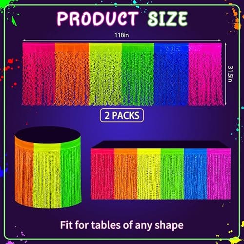 Fayoo 2 Pack Neon Glow Wavy Foil Fringe Table Skirts, 31.5x118 In | 6 Vibrant Colors, Glow in the Dark Party Supplies, Neon Party Decorations, Party Table Decor, Neon Tablecloths thumbnail 2