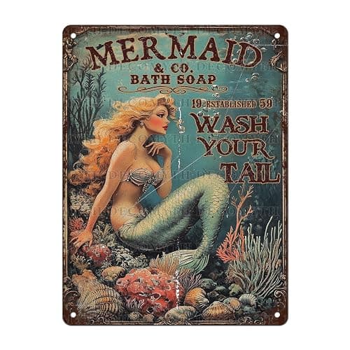 Retro Mermaid Tin Sign Wash Your Tail Vintage Metal Poster Funny Bath Soap Wall Art Toilet Bathroom Man Cave Bar Cafe Indoor Living Room Garage 12 * 16inch - Image 1