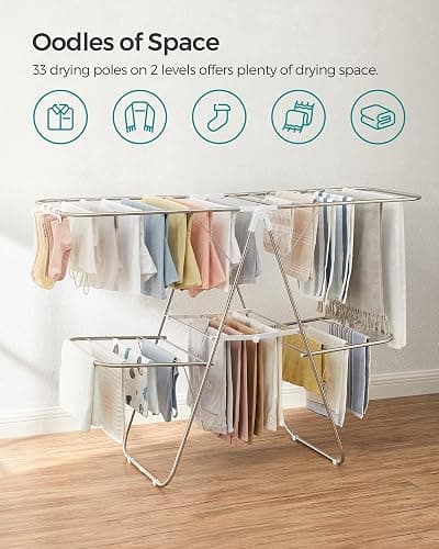 SONGMICS Clothes Drying Rack, Foldable 2-Level Laundry Drying Rack, Free-Standing Laundry Airer, with Height-Adjustable Wings, 33 Drying Rails, Sock Clips, Silver and White ULLR053W01V1 thumbnail 4