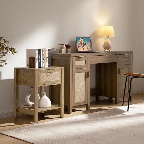 SICOTAS Rattan Nightstand Set of 2, Rattan Decor Drawer with Brass Knobs Night Stand Bedside Table Boho End Tables Side Tables with Storage Shelf for Bedroom,Small Space thumbnail 7