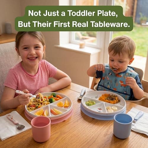 OKiBoo Non-Toxic Divided Ceramic Toddler Plate with Silicone Lid & Non-Slip Base, 8 Inch Microwave & Dishwasher Safe Porcelain Dish for Babies, Kids, Animal Design (Sky Mist) thumbnail 2