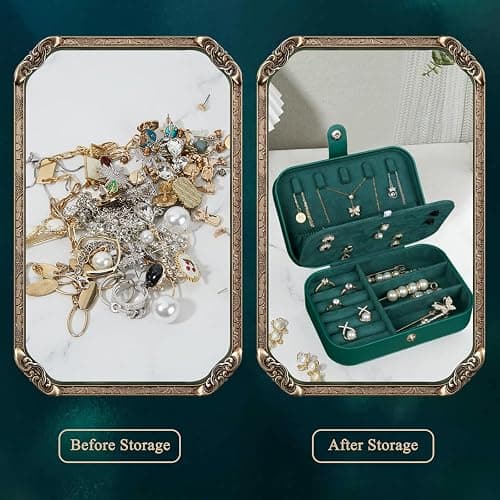 Hatori Travel Jewelry Box, PU Leather Small Jewelry Organizer for Women Girls, Double Layer Portable Mini Travel Case Display Storage Holder Boxes for Stud Earrings, Rings (Ink Green) thumbnail 4