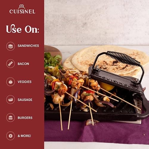 Cuisinel Cast Iron Grill Pan + Rectangular Cast Iron Grill Press + Tempered Glass Lid + Pan Scraper – Pre-Seasoned Ribbed Skillet – 10.5"-Inch Square Grilling Indoor/Outdoor Camping Fire BBQ Cookware thumbnail 7