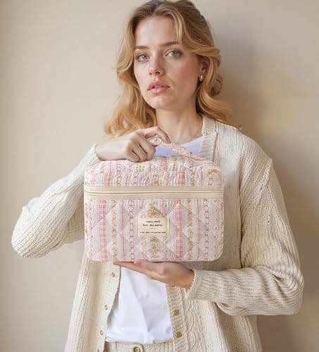 HBselect Quilted Makeup Bag, 3PCS Cotton Large Travel Makeup Bag, Cute Floral Coquette Make up Bag Cosmetic Bag Toiletry Bag for Women Girls thumbnail 7