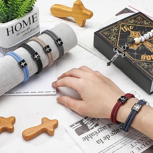 Landical 6 Pcs Braided Cross Bracelet Adjustable Rope Jesus Bracelet Christian Religious Gift for Men Women WWJD Wristband Metal Knot thumbnail 5