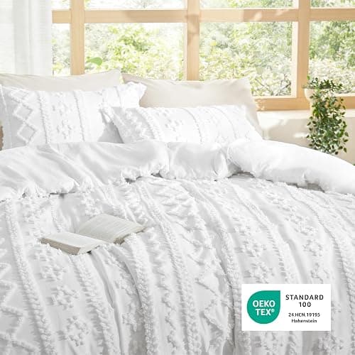 Bedsure Tufted Boho Comforter Set Full Size - Bright White Boho Bed Set, GentleSoft™ 3 Pieces Farmhouse Shabby Chic Embroidery Bedding, Gifts for Woman, Soft Jacquard Full Comforter for All Seasons thumbnail 6