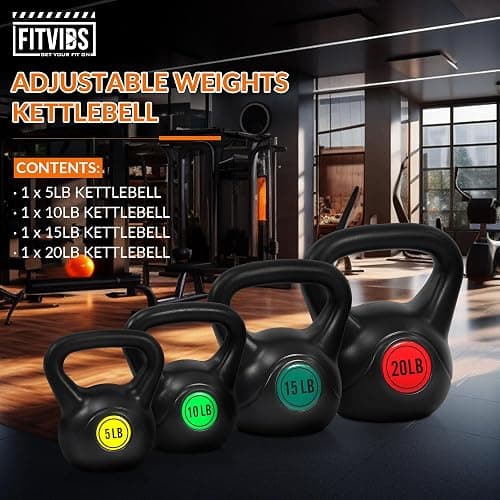 Fitvids Wide Grip 3-Piece or 4-Piece Kettlebell Exercise Fitness Weight Set, Include 5 lbs, 10 lbs, 15 lbs and 20 lbs, Set of 3 or Set of 4 thumbnail 3