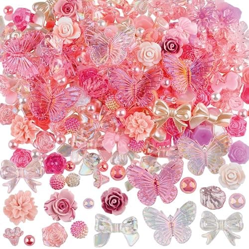 Kikonoke 350 Pieces 3D Resin ABS Colorful Rose Flower Bows Butterfly Charms with Flatback Half Round Pearl Beads for Bracelet Earring Necklace Craft DIY Making Supplies - Image 1