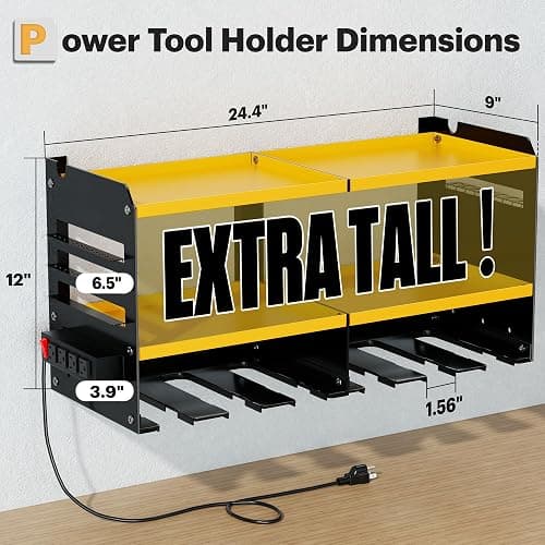 Spampur Large Power Tool Organizer Wall Mount with Charging Station, 3 Layer Heavy Duty Metal Tool Storage Rack Loads 420lbs with 6 Cordless Drill Holder, Utility Rack Loads with 4 Power Strip thumbnail 2