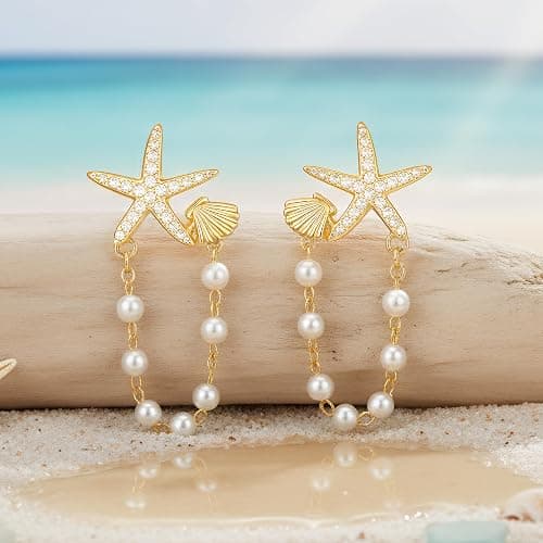 Seashell Starfish Earrings Beach Jewelry for Women Pearl Drop Shell Earrings Ocean Beachy Fashion Accessories Womens Summer Outfits 2026 Tropical Vacation Outfits Beach Vacation Clothes Dresses thumbnail 7