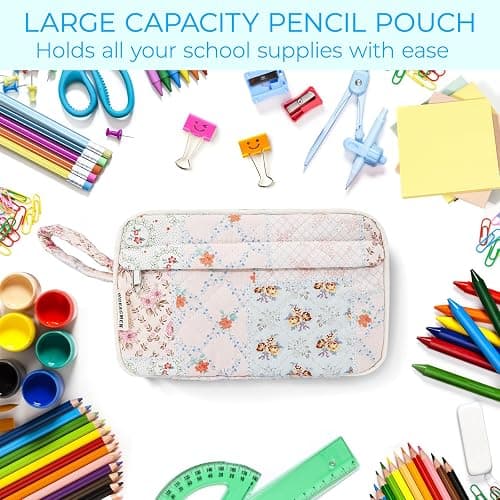 WOBAGMEN Quilted Pencil Pouch for Girls Women, Large Pencil Case Pouch with Compartments Cute Aesthetic Pencil Case Organizer, Floral Pencil Bag for School Supplies (coloful blue) thumbnail 6